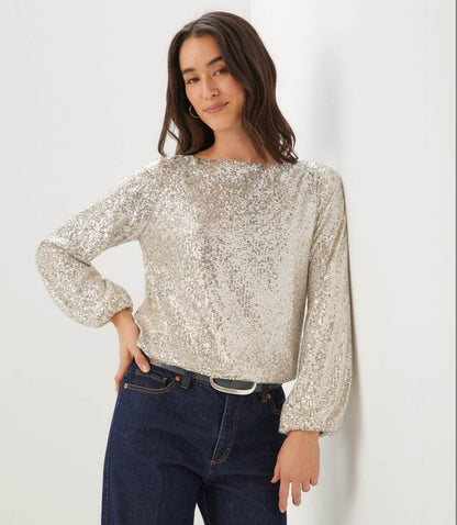 Sequin Blouson Sleeve Boatneck Top