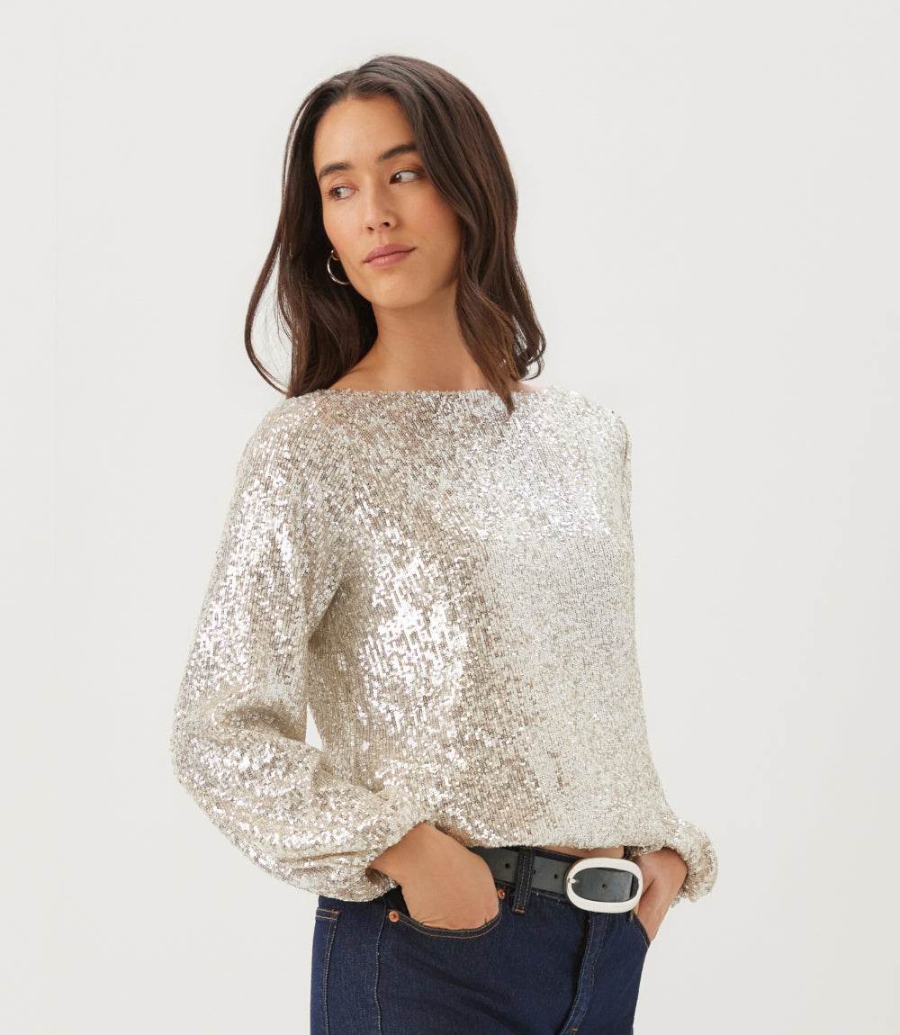 Sequin Blouson Sleeve Boatneck Top