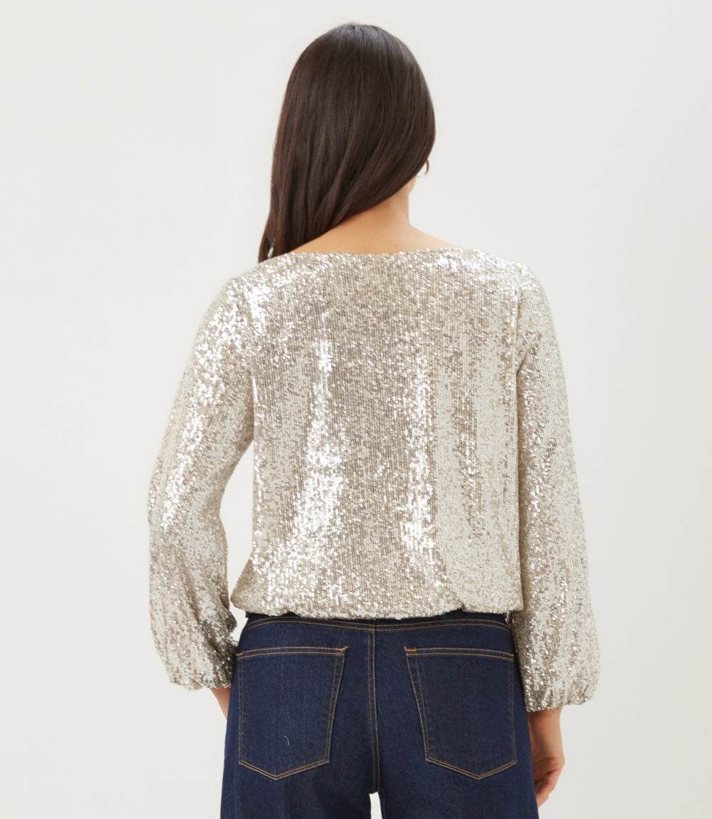 Sequin Blouson Sleeve Boatneck Top