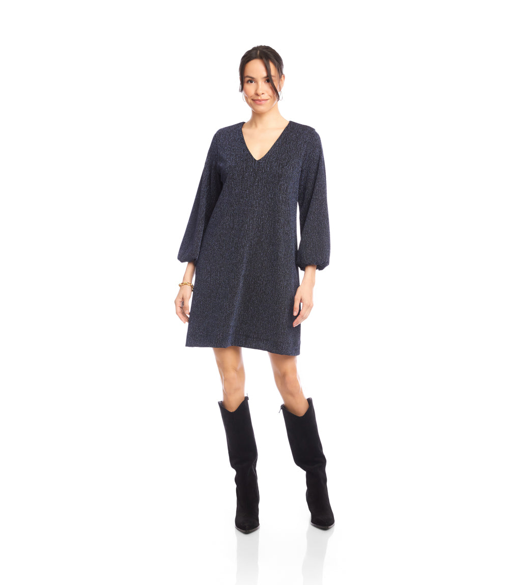 Blouson Sleeve Metallic Knit V-Neck Dress
