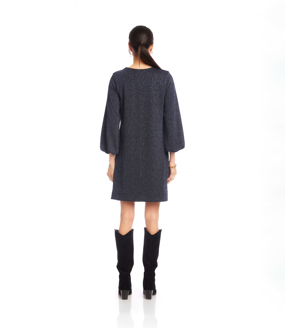 Blouson Sleeve Metallic Knit V-Neck Dress