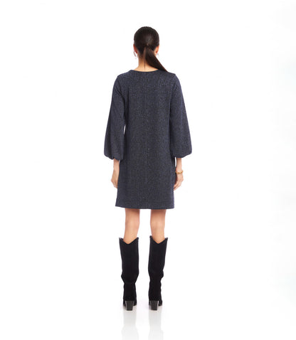 Blouson Sleeve Metallic Knit V-Neck Dress
