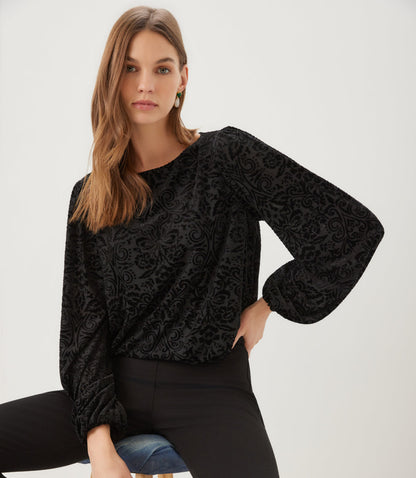 Petite Size Blouson Sleeve Velvet Burnout Boatneck Top