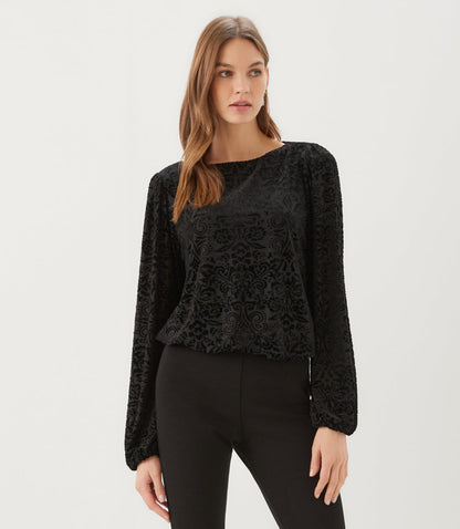 Petite Size Blouson Sleeve Velvet Burnout Boatneck Top