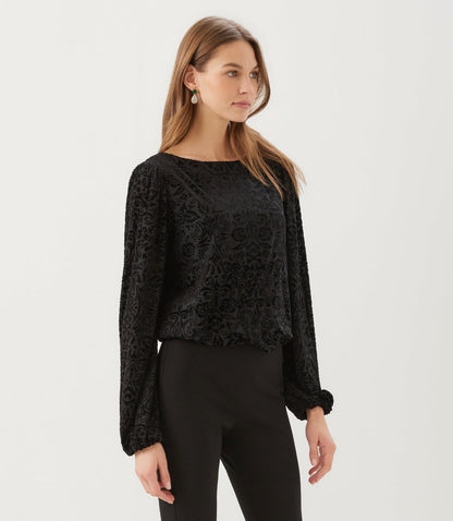 Petite Size Blouson Sleeve Velvet Burnout Boatneck Top