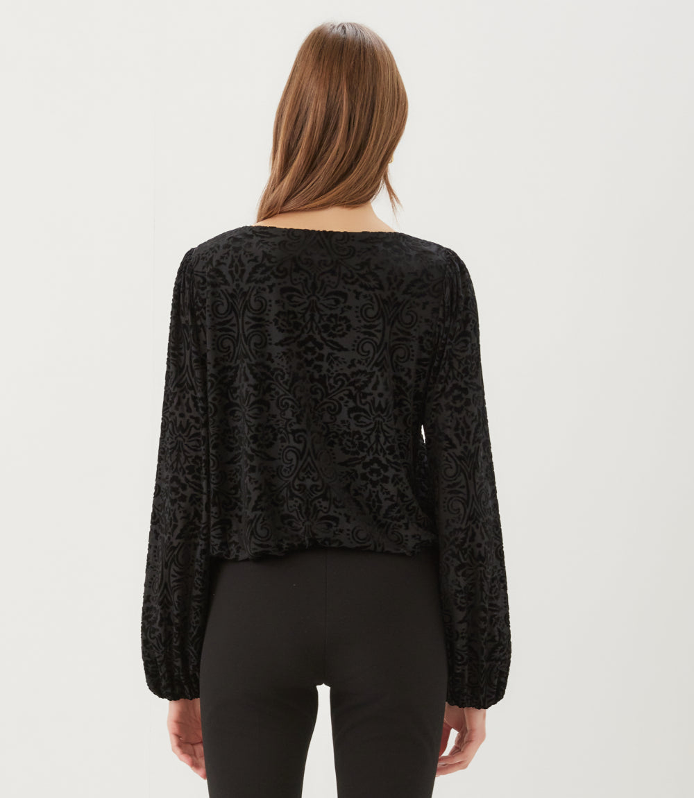 Petite Size Blouson Sleeve Velvet Burnout Boatneck Top