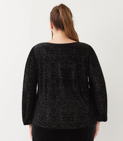 Plus Size Blouson Sleeve Velvet Burnout Boatneck Top