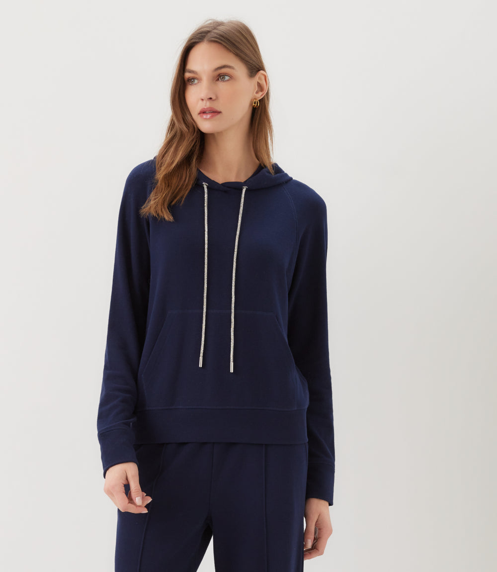 Petite Size Rhinestone Drawstring Hoodie Sweatshirt