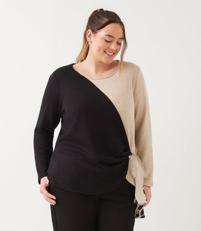 Plus Size Long Sleeve Colorblock Satin Bow Top