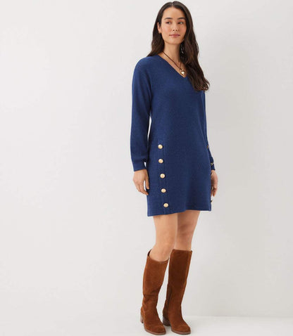 Long Sleeve V-Neck Button Detail Dress