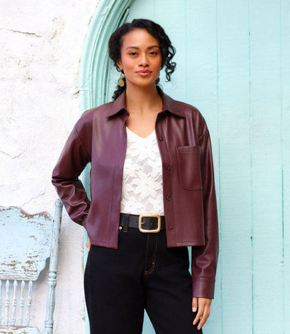 Faux Leather Long Sleeve Button-Up Shirt