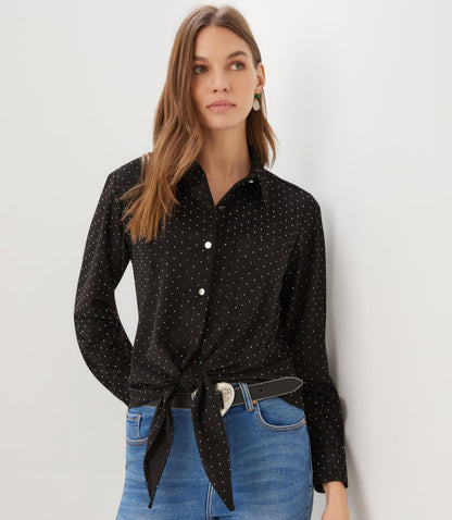 Faux Suede Long Sleeve Embellished Tie-Front Shirt