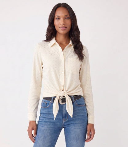 Faux Suede Long Sleeve Embellished Tie-Front Shirt