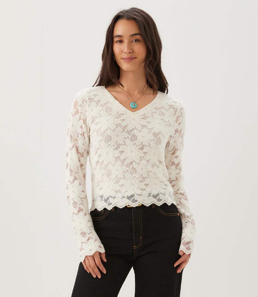 Petite Size Long Sleeve Floral Burnout V-Neck Top