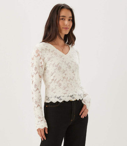 Petite Size Long Sleeve Floral Burnout V-Neck Top