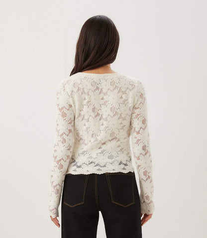 Petite Size Long Sleeve Floral Burnout V-Neck Top