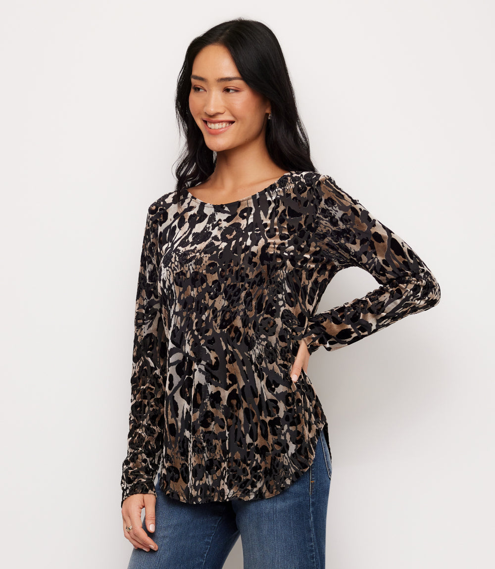 Long Sleeve Velvet Burnout Shirttail Top