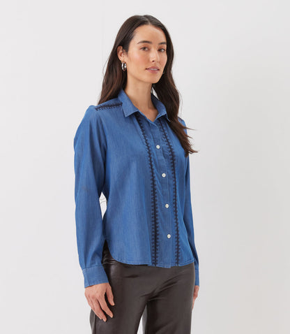 Long Sleeve Crochet Trim Button-Up Shirt