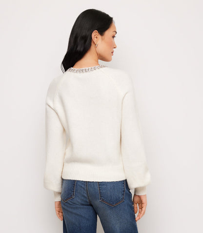 Petite Size Embellished Crewneck Cardigan Sweater