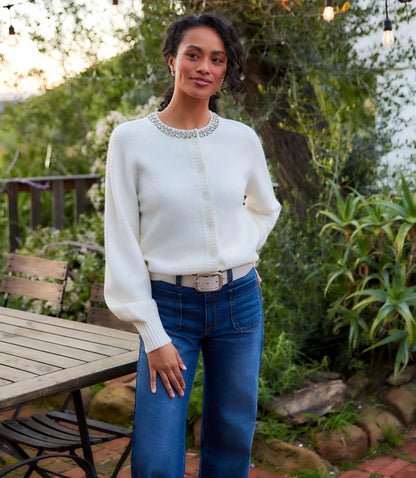 Petite Size Embellished Crewneck Cardigan Sweater