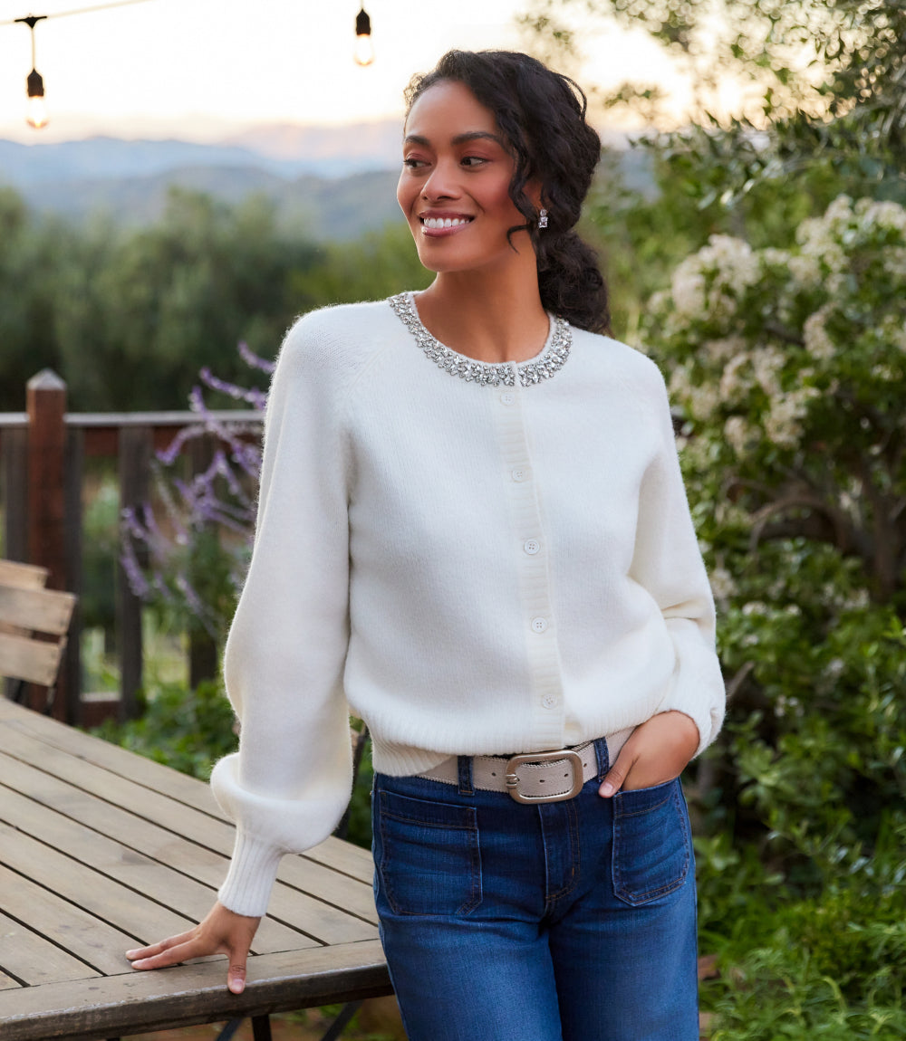 Embellished Crewneck Cardigan Sweater