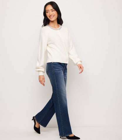 Embellished Crewneck Cardigan Sweater