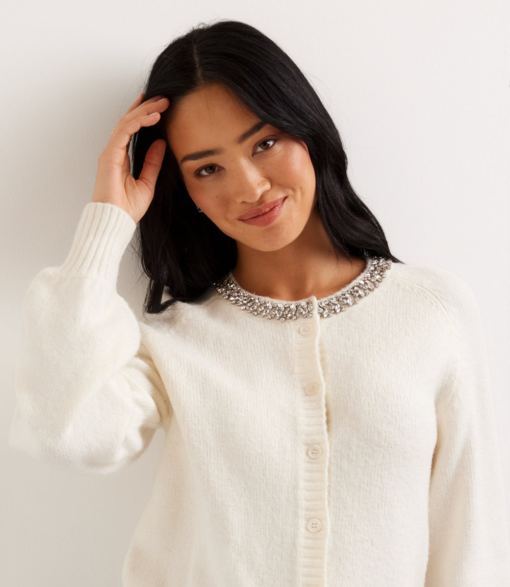 Embellished Crewneck Cardigan Sweater