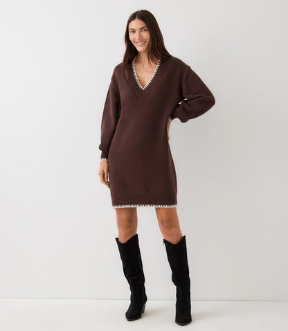 Petite Size Varsity V-Neck Sweater Dress
