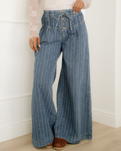 PREORDER - Cora Stripe Button Pleated Drawstring Waist Casual Wide Leg Jeans