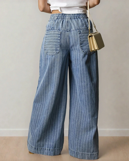PREORDER - Cora Stripe Button Pleated Drawstring Waist Casual Wide Leg Jeans