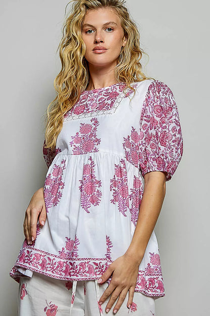 POL Vintage Hand Block Print Floral Woven Blouse