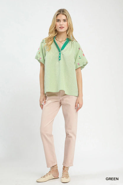 Umgee Embroidered Stripe Top