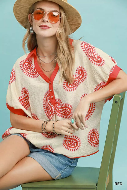 Umgee Paisley Print Contrast Trim Top
