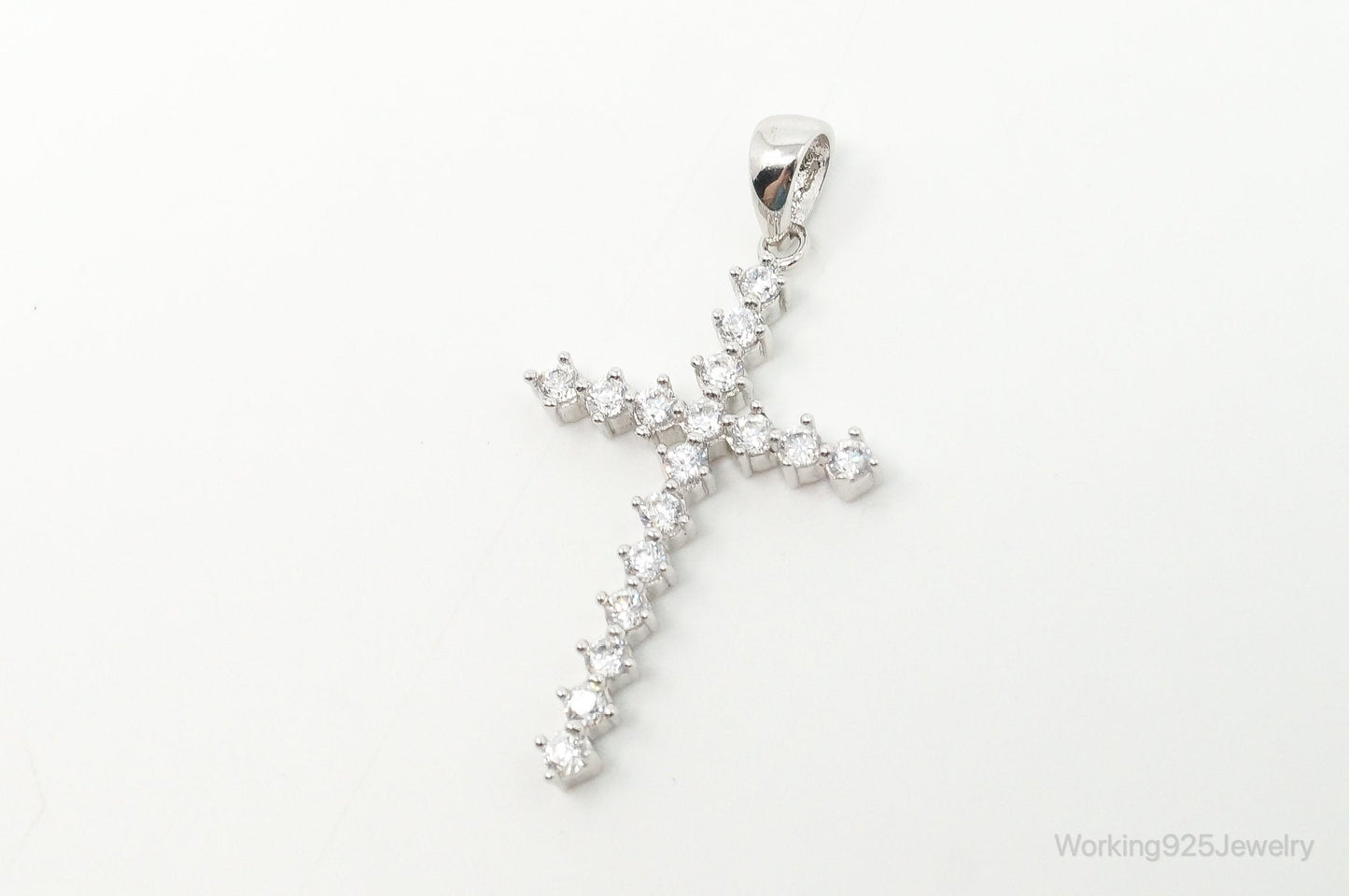 Large Vintage Cubic Zirconia Cross Sterling Silver Necklace Pendant