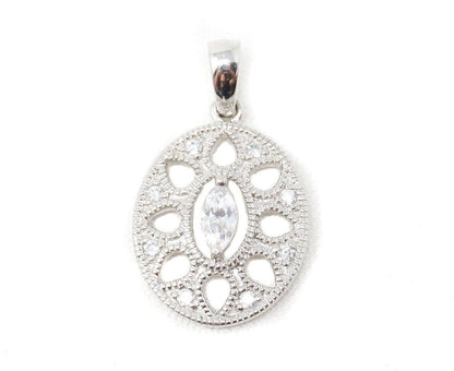 Vintage Art Deco Cubic Zirconia Cut Out Sterling Silver Necklace Pendant