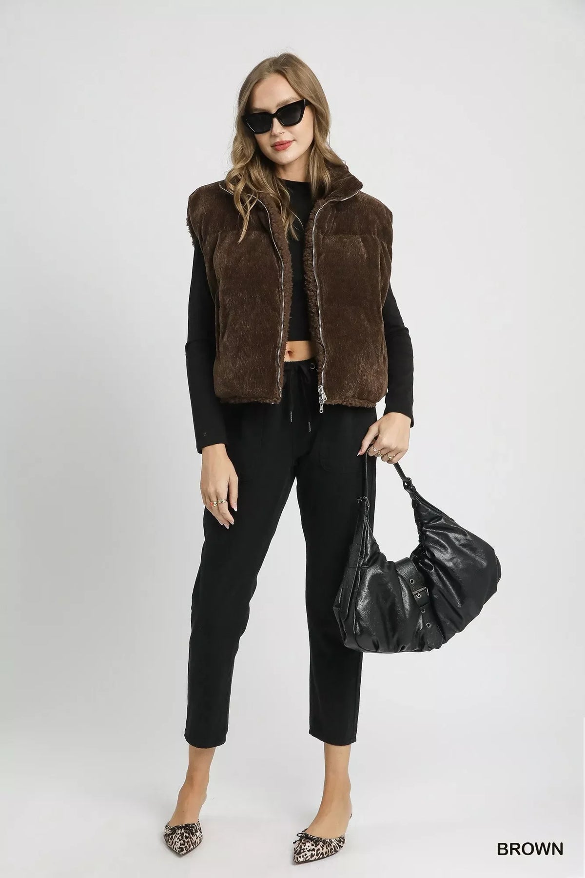 Umgee Sherpa-Lined Zip Vest with Drawstring Hem