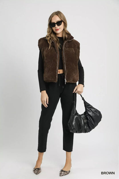 Umgee Sherpa-Lined Zip Vest with Drawstring Hem