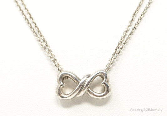 Vintage Open Linked Hearts Lovers Infinity Sterling Silver Necklace