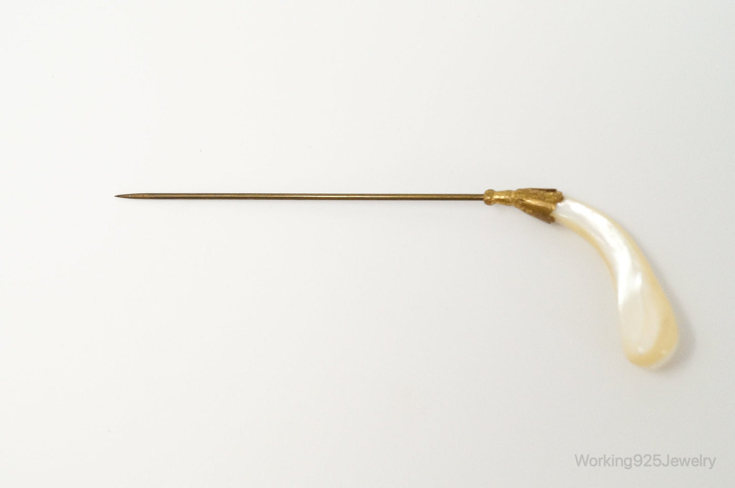 Long Antique Mother Of Pearl Brass Brooch Pin