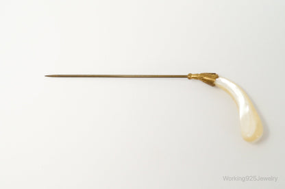 Long Antique Mother Of Pearl Brass Brooch Pin