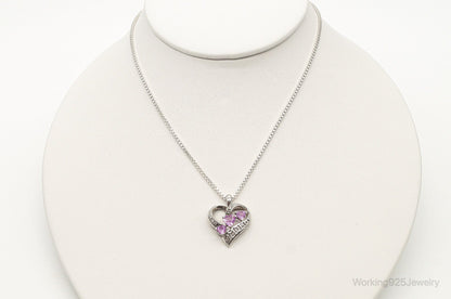 Vintage Pink Topaz Two Diamond Heart Mom Sterling Silver Necklace
