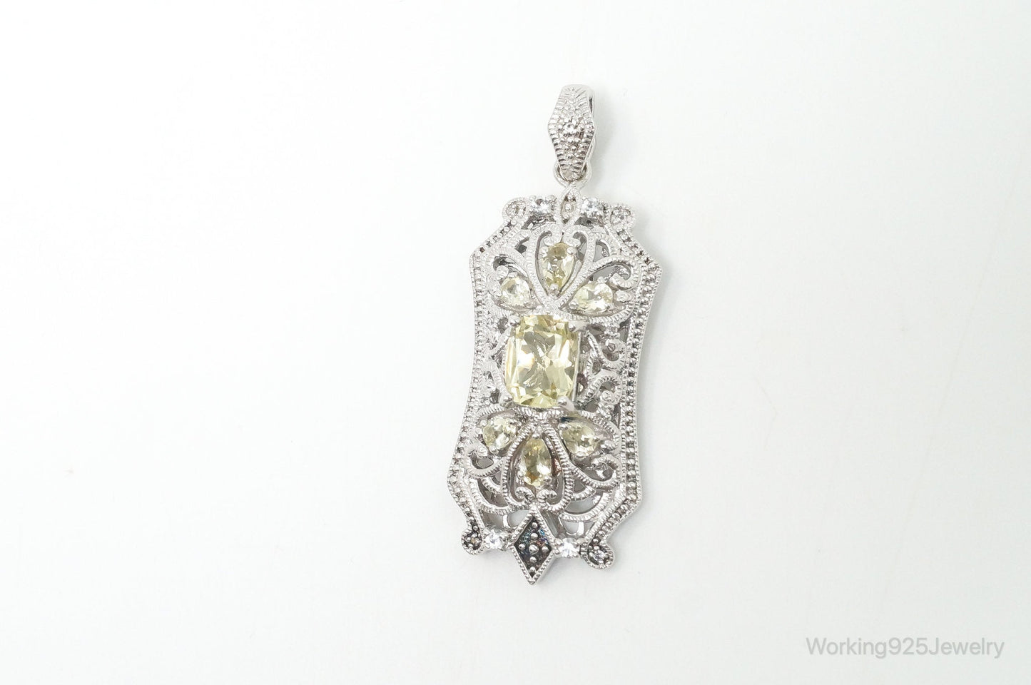 Vintage Art Deco Cubic Zirconia Peridot Sterling Silver Necklace Pendant