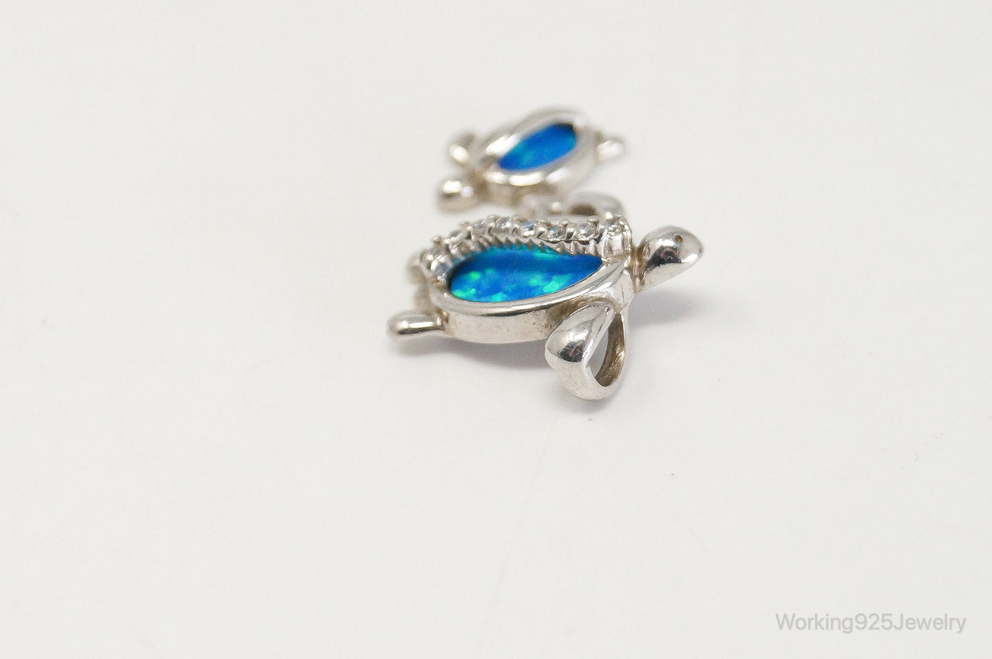 Vintage Blue Fire Opal Cubic Zirconia Sea Turtles Sterling Silver Pendant