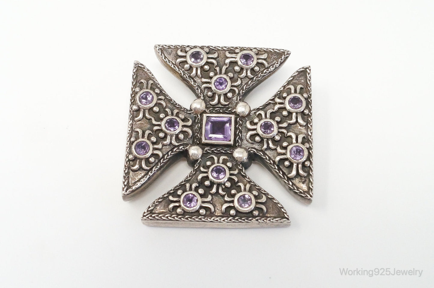 Large Vintage Designer Barse 2000 Amethyst Cross Sterling Silver Pendant
