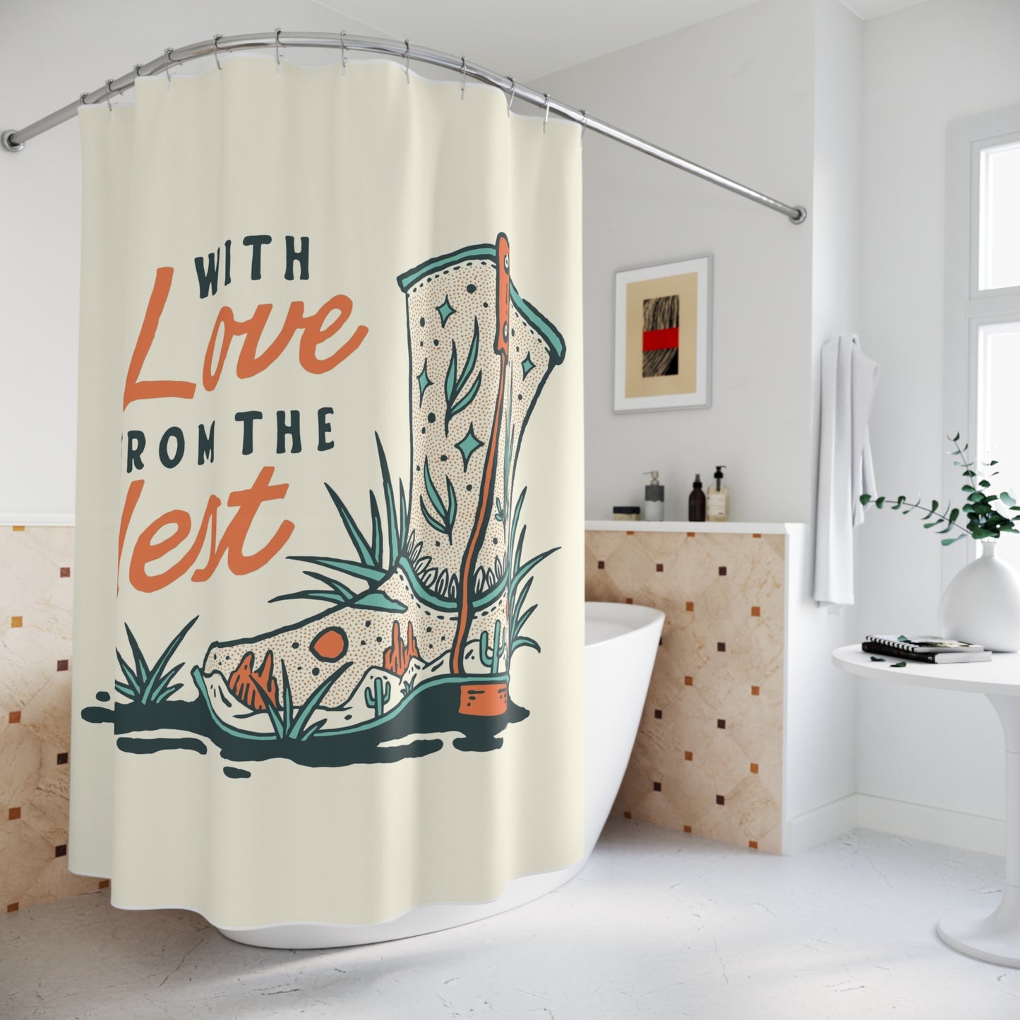 Western Boot Shower Curtain — "With Love From The West" Rustic Cowboy Bathroom Decor