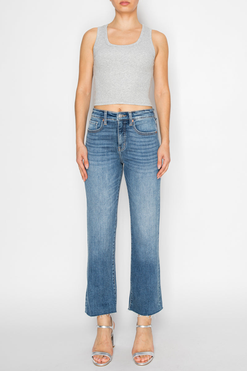 Mesh Tummy Control High Rise Straight with Single Cuff Jeans