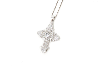 Vintage Cubic Zirconia Cross Heart Sterling Silver Pendant Necklace