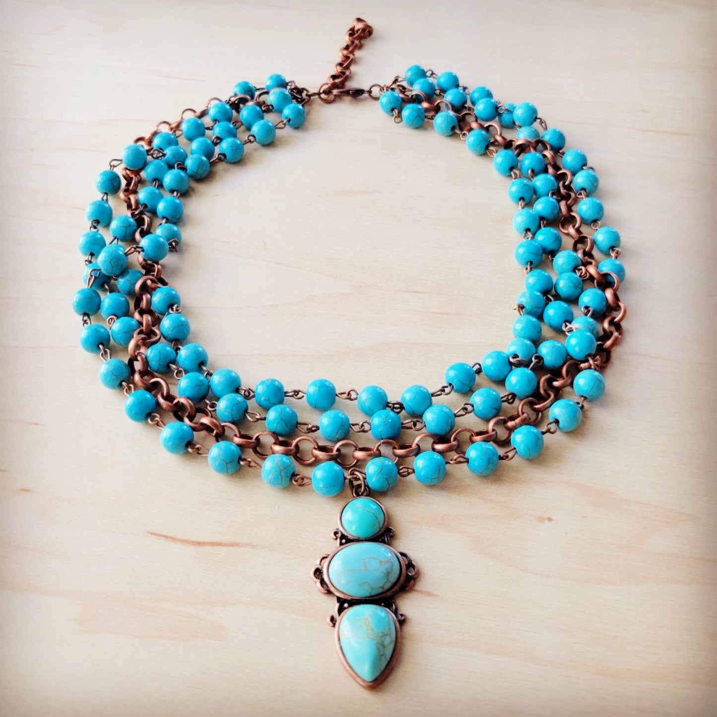 Triple Strand Turquoise & Copper Collar Necklace w/ Droplet Pendant 257lm