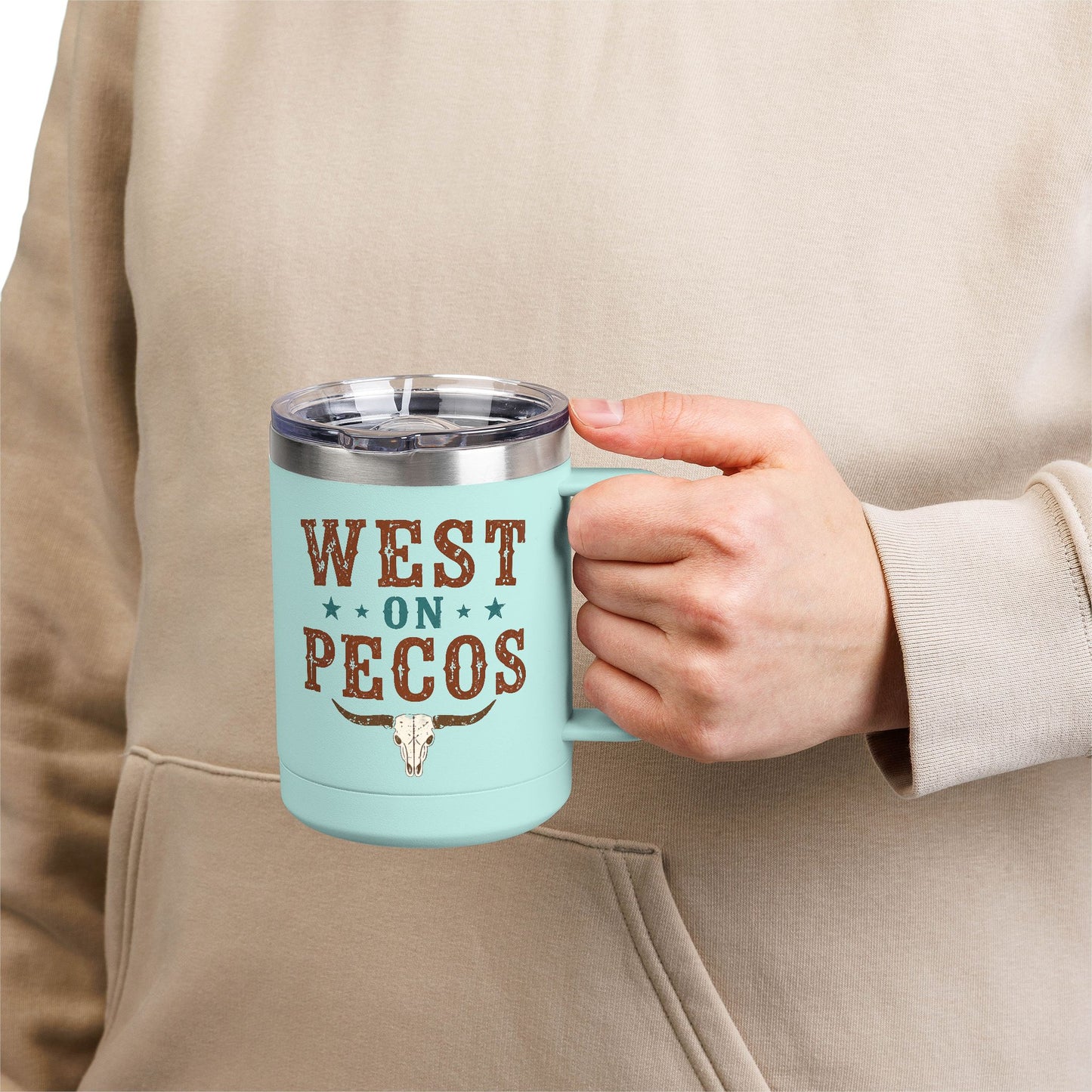 Western West on Pecos Coffee Mug — 15oz Rancher Travel Tumbler (No-Spill)