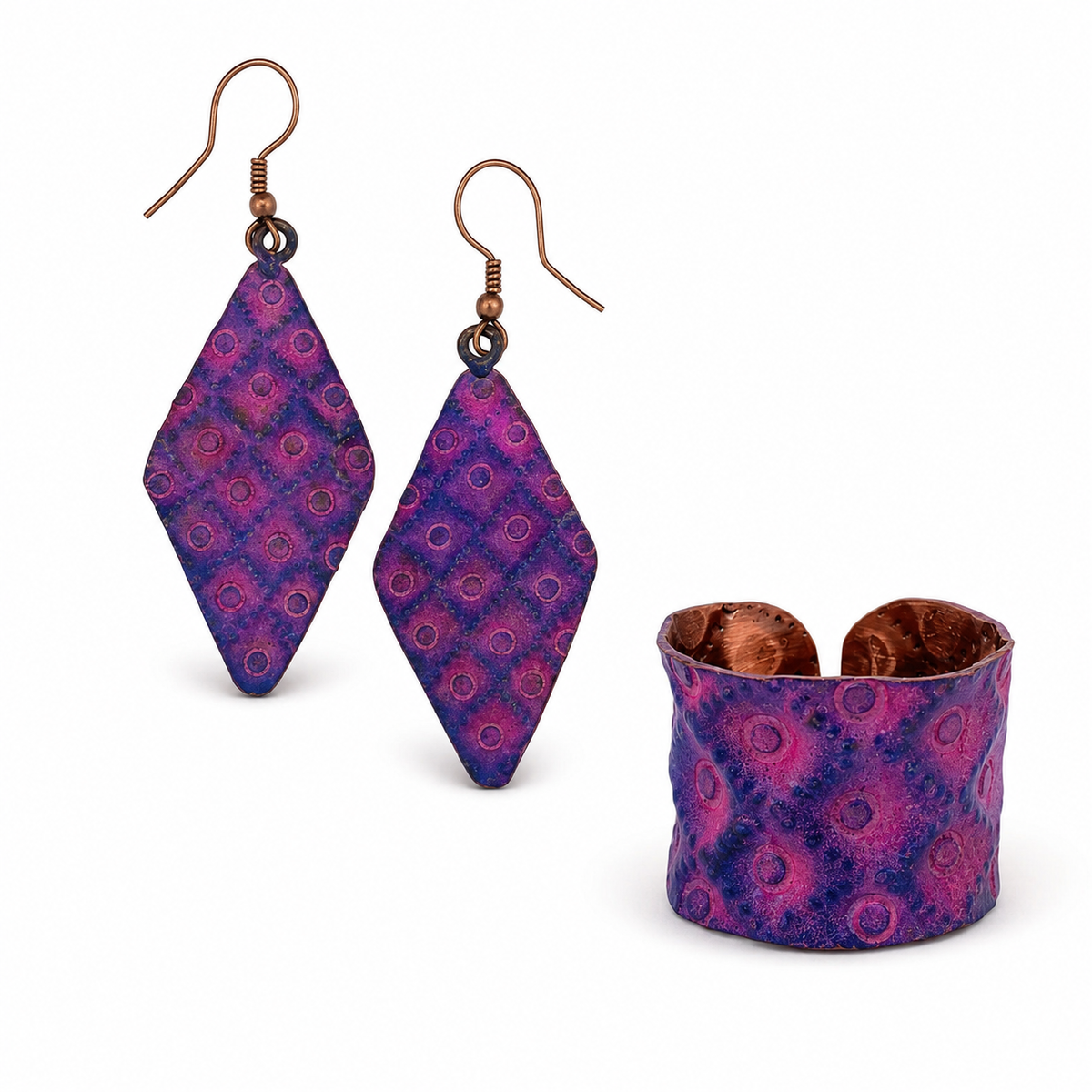 Purple Geo Copper Earrings and Ring Set